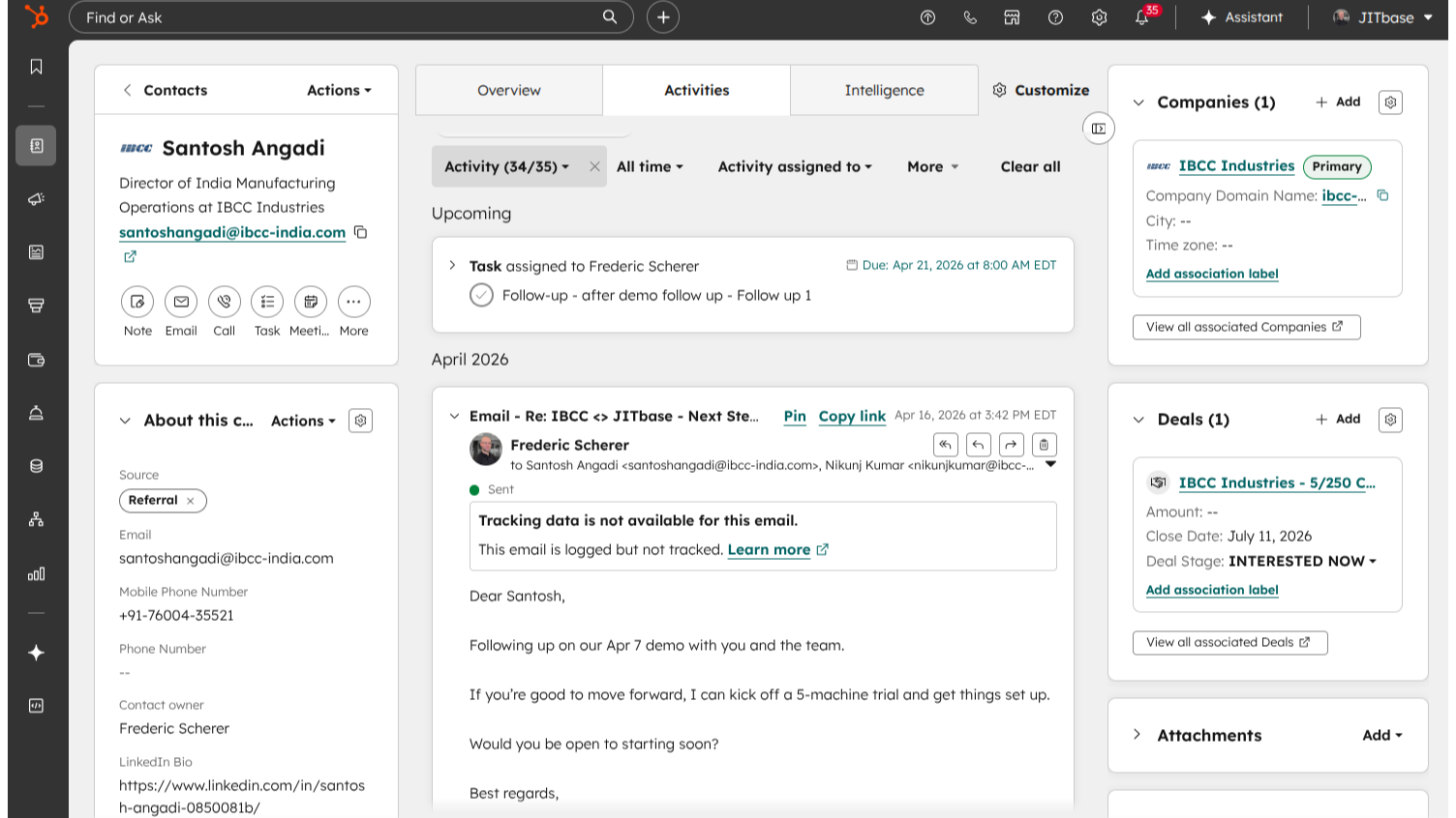 an email sent from FollowPilot is logged into the HubSpot environment