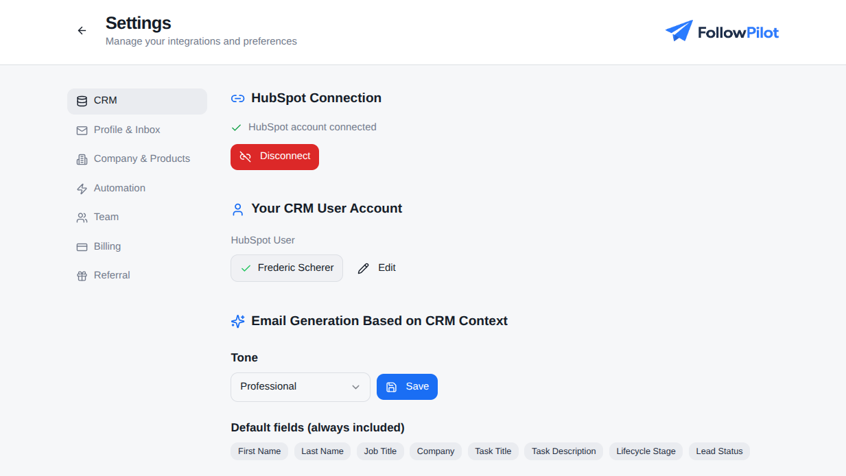 CRM Settings Interface