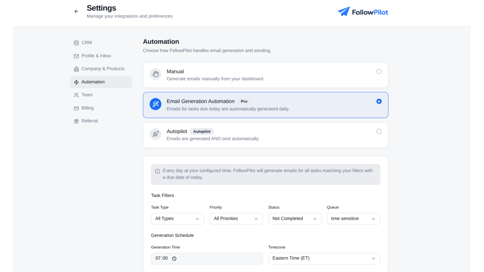 Settings interface where the user can select his automation level
