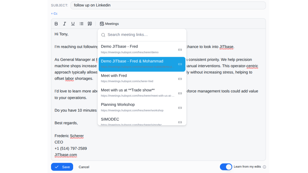 Interface showing the insertion of an HubSpot meeting link in an email