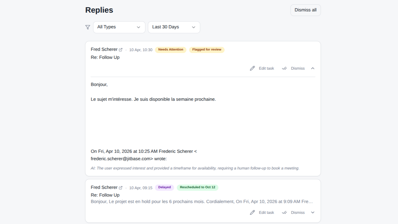 Replies update the follow up task in HubSpot