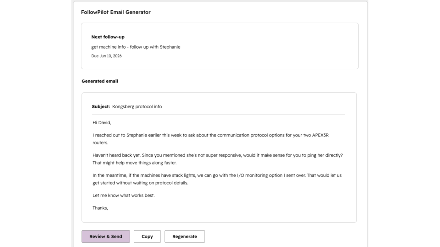 FollowPilot card in a deal record in HubSpot