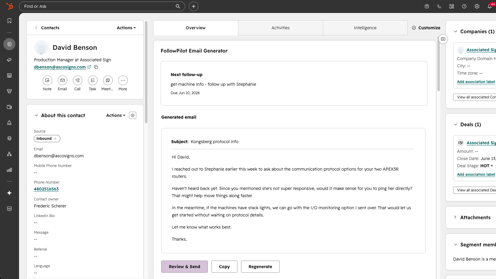 FollowPilot Contact card generating an email draft from a HubSpot Contact page.